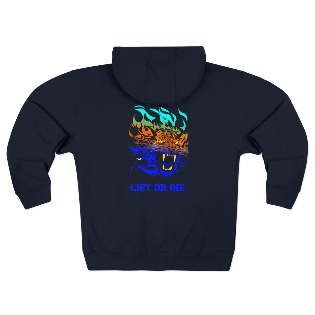 CG TIGER FLAME BLUE ORANGE AQUA FADE /LIFT OR DIE ZIP UP