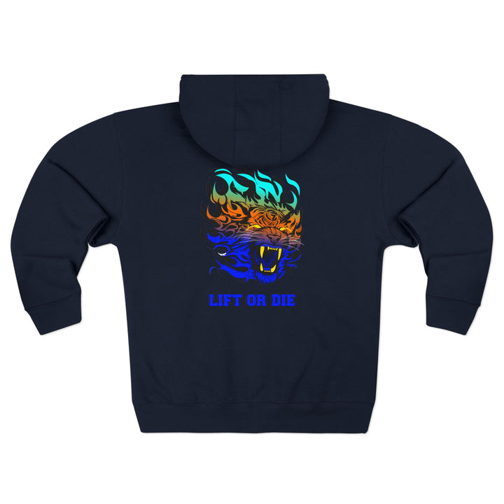 CG TIGER FLAME BLUE ORANGE AQUA FADE /LIFT OR DIE ZIP UP