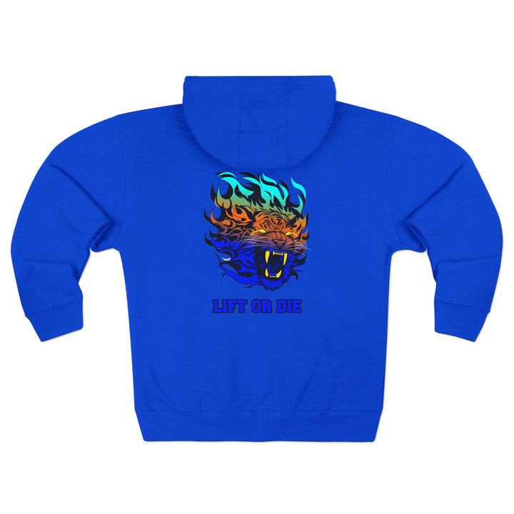 CG TIGER FLAME BLUE ORANGE AQUA FADE /LIFT OR DIE ZIP UP