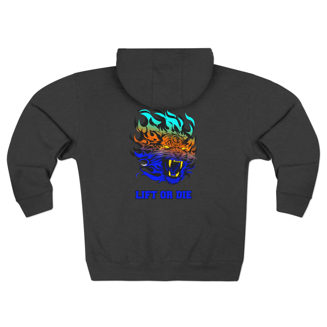 CG TIGER FLAME BLUE ORANGE AQUA FADE /LIFT OR DIE  ZIP UP